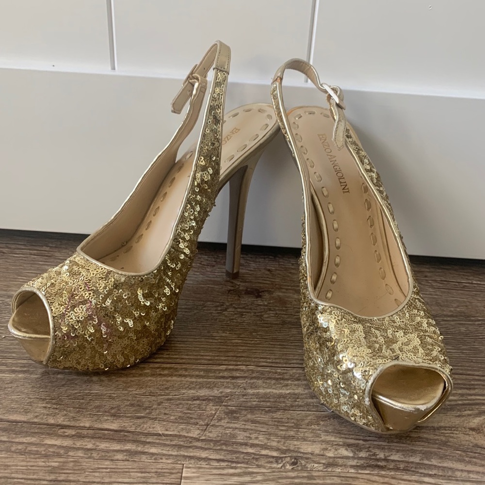 Enzo Angiolini Gold Platform Sequin Heels Sz 8